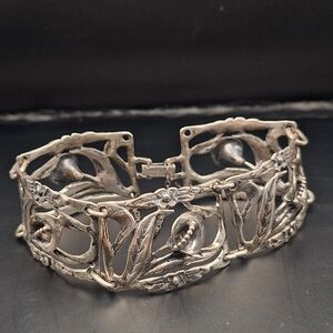Vintage Sterling Silver Calla Lily Panel Bracelet |Wide Floral Art Nouveau Style